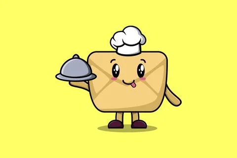 Cute Cartoon chef Envelope serving food on tray Stock Illustration
