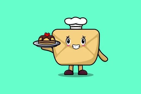 Cute Cartoon chef Envelope serving cake on tray Stock Illustration