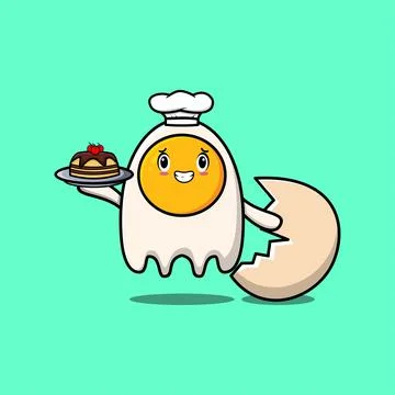 Cute Cartoon chef fried eggs serving cake on tray Stock Illustration