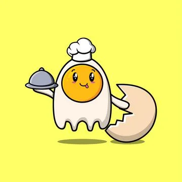 Cute Cartoon chef fried eggs serving food on tray Stock Illustration