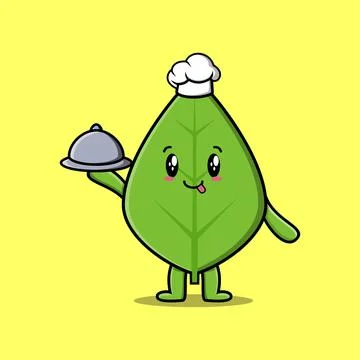 Cute Cartoon chef green leaf serving food on tray Stock Illustration