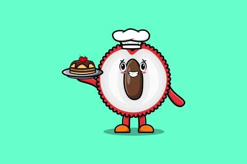 Cute Cartoon chef Lychee serving cake on tray Stock Illustration