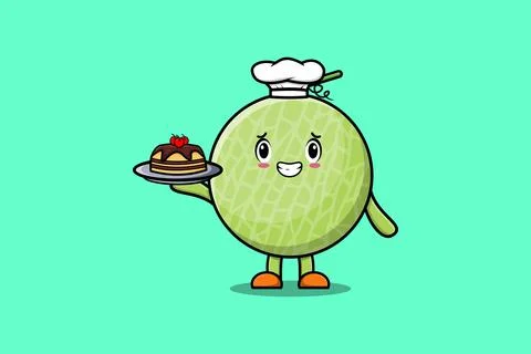 Cute Cartoon chef Melon serving cake on tray Stock Illustration