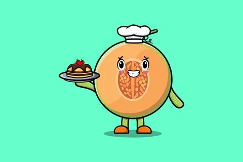 Cute Cartoon chef Melon serving cake on tray イラスト素材
