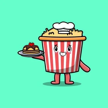 Cute Cartoon chef Popcorn serving cake on tray Stock Illustration