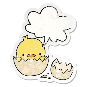 Cute cartoon chick hatching from egg and speech bubble distressed sticker Stock Illustration