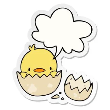 Cute cartoon chick hatching from egg and speech bubble sticker Stock Illustration