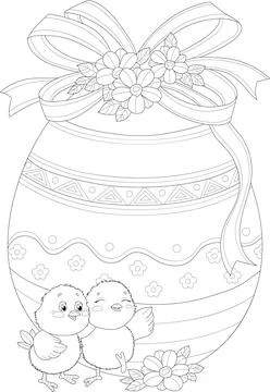 Cute cartoon chickens with Easter egg with bow and flowers template sketch. Stock Illustration
