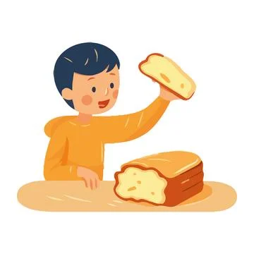 Cute cartoon child smiling while eating bread Illustrazione stock