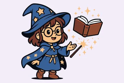 Cute cartoon child wizard with magic wand and spellbook casting spells Stock Illustration