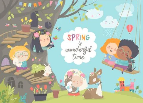 Cute cartoon children with animals in spring forest Stock Illustration