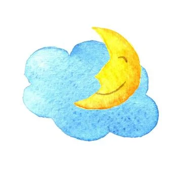 Cute cartoon cloud and smiling moon. Hand drawn watercolor illustration. Wa.. Stock Illustration