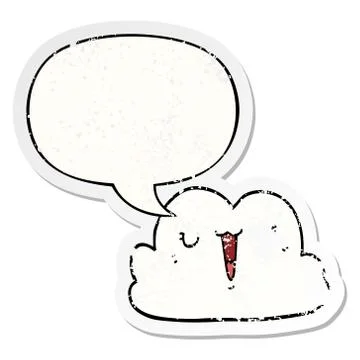 Cute cartoon cloud and speech bubble distressed sticker Stock Illustration