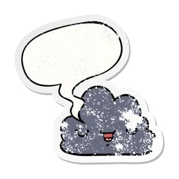 Cute cartoon cloud and speech bubble distressed sticker Illustrazione stock