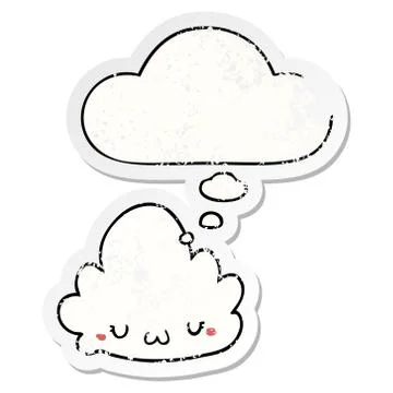 Cute cartoon cloud and thought bubble as a distressed worn sticker Stock Illustration