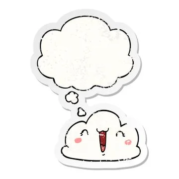 Cute cartoon cloud and thought bubble as a distressed worn sticker Illustrazione stock