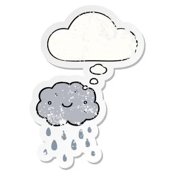 Cute cartoon cloud and thought bubble as a distressed worn sticker Stock Illustration