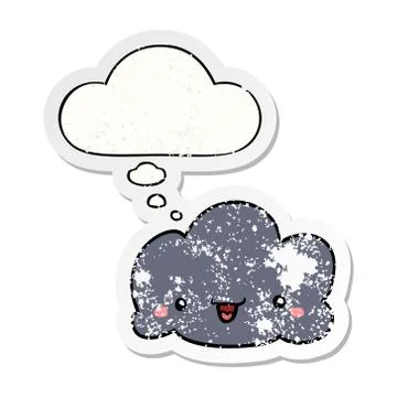 Cute cartoon cloud and thought bubble as a distressed worn sticker 스톡 일러스트