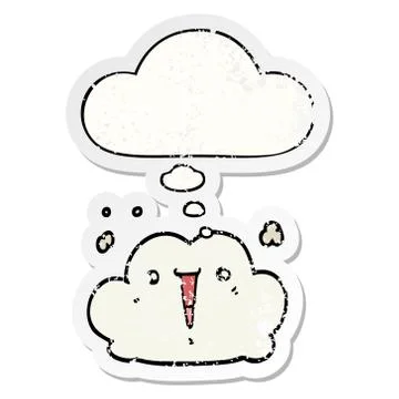 Cute cartoon cloud and thought bubble as a distressed worn sticker Stock Illustration
