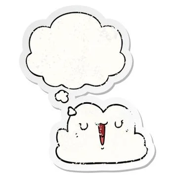 Cute cartoon cloud and thought bubble as a distressed worn sticker 스톡 일러스트
