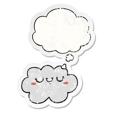 Cute cartoon cloud and thought bubble as a distressed worn sticker 스톡 일러스트