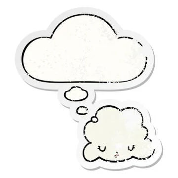 Cute cartoon cloud and thought bubble as a distressed worn sticker 스톡 일러스트