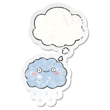 Cute cartoon cloud and thought bubble as a distressed worn sticker Stock Illustration