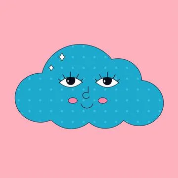 Cute cartoon cloud character in retro style with eyes. Psychedelic Иллюстрация