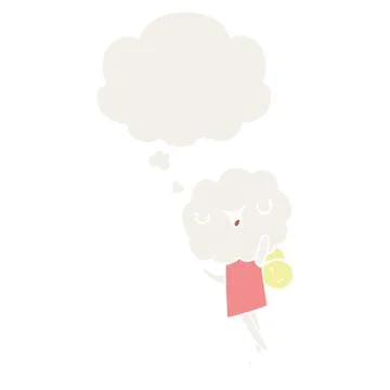Cute cartoon cloud head creature and thought bubble in retro style Stock Illustration