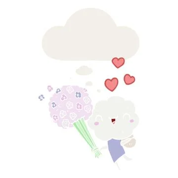 Cute cartoon cloud head creature and thought bubble in retro style Stock Illustration