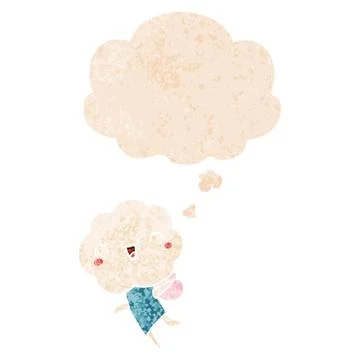 Cute cartoon cloud head creature and thought bubble in retro textured style Illustrazione stock