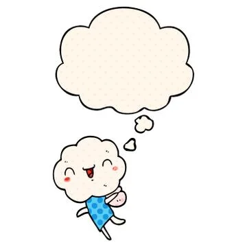 Cute cartoon cloud head creature and thought bubble in comic book style Stock Illustration