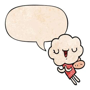 Cute cartoon cloud head creature and speech bubble in retro texture style Illustrazione stock