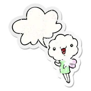 Cute cartoon cloud head creature and speech bubble distressed sticker Stock Illustration