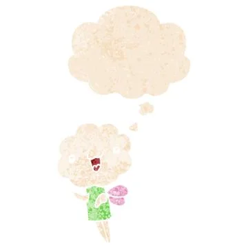 Cute cartoon cloud head creature and thought bubble in retro textured style 스톡 일러스트