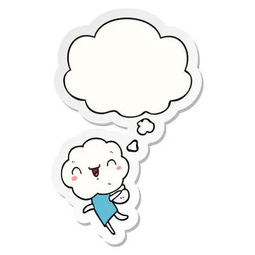 Cute cartoon cloud head creature and thought bubble as a printed sticker Illustrazione stock