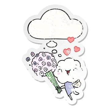 Cute cartoon cloud head creature and thought bubble as a distressed worn stic Stock Illustration