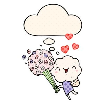 Cute cartoon cloud head creature and thought bubble in comic book style Stock Illustration