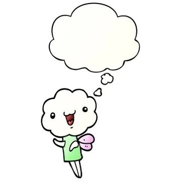 Cute cartoon cloud head creature and thought bubble in smooth gradient style Illustrazione stock