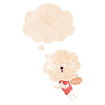 Cute cartoon cloud head creature and thought bubble in retro textured style Illustrazione stock