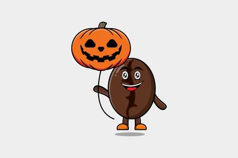 Cute cartoon Coffee beans floating with pumpkin 스톡 일러스트