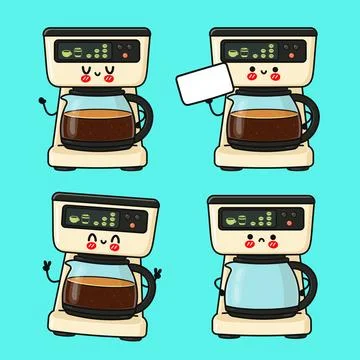 Cute cartoon coffee maker characters set expressing emotions Stock Illustration