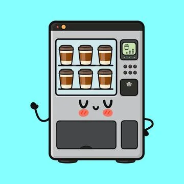 Cute cartoon coffee vending machine mascot character waving Stock Illustration