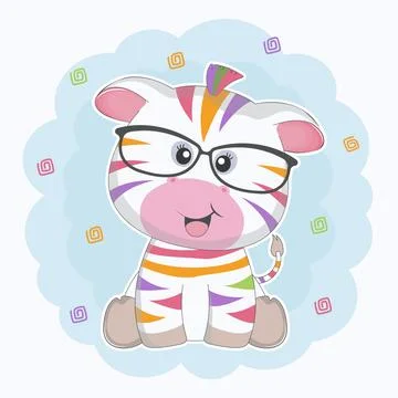 Cute cartoon colored zebra in sunglasses smiling. Stock Illustration