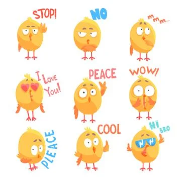 Cute cartoon comic chickens characters with different emotions and phrases set Illustrazione stock