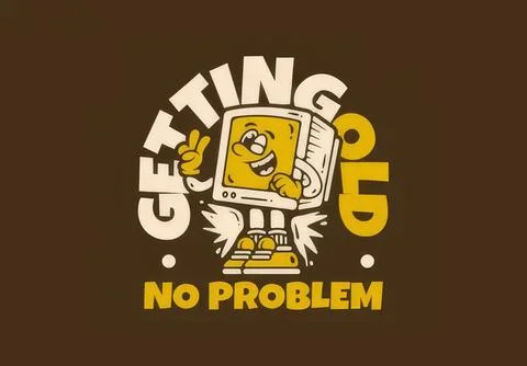 Cute cartoon computer character with text gold no problem Stock-Illustration