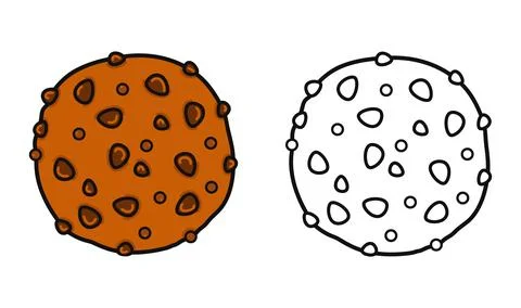 Cute cartoon cookie with chocolate chips and outline version for coloring Stock Illustration