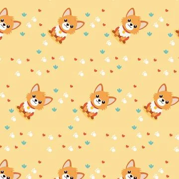 Cute Cartoon Corgi Dog Pattern with Paw Prints and Hearts Stock Illustration