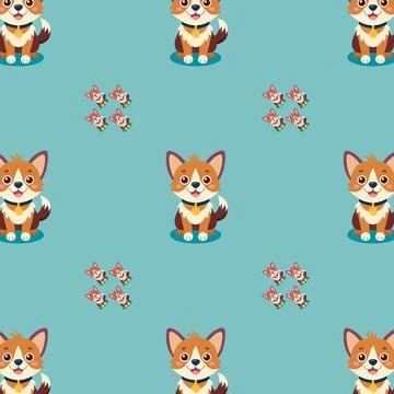 Cute Cartoon Corgi Dogs Pattern with Playful Paw Prints and Blue Background Stock Illustration
