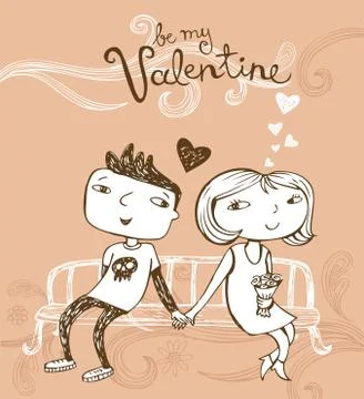 Cute cartoon couple on a bench Stock Illustration